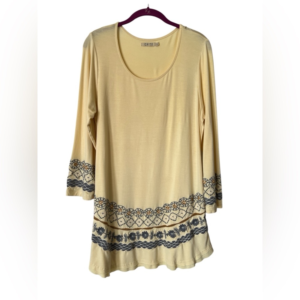 Caite Boho Tunic Dress Cream Embroidered Border Long Sleeve M (see meas.)